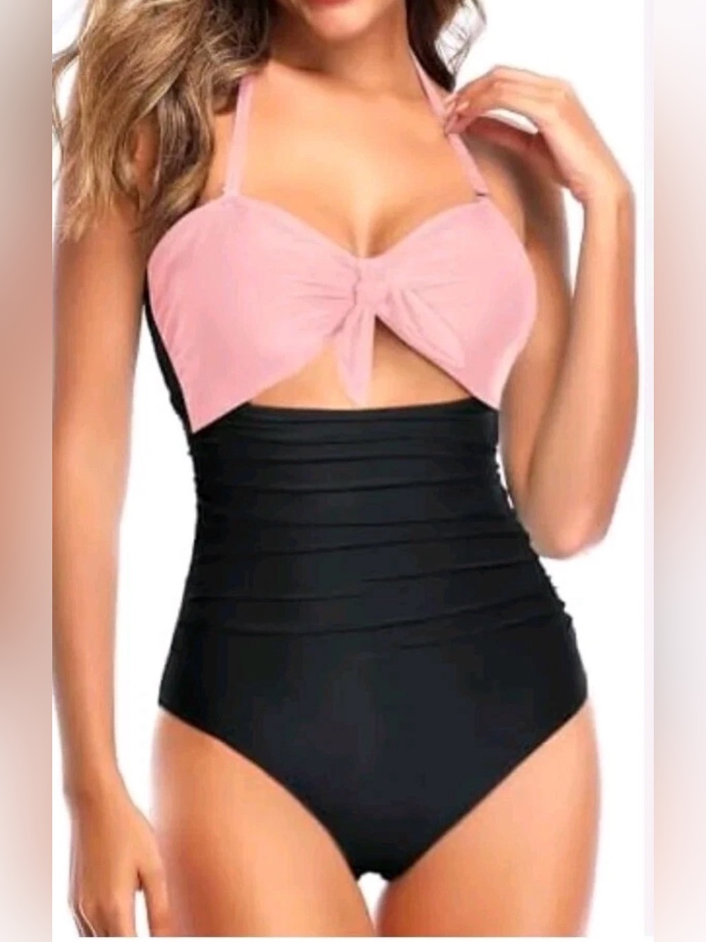 Tempt Me Style Ruched Bow Front One Piece Swimsuit Pink Black M